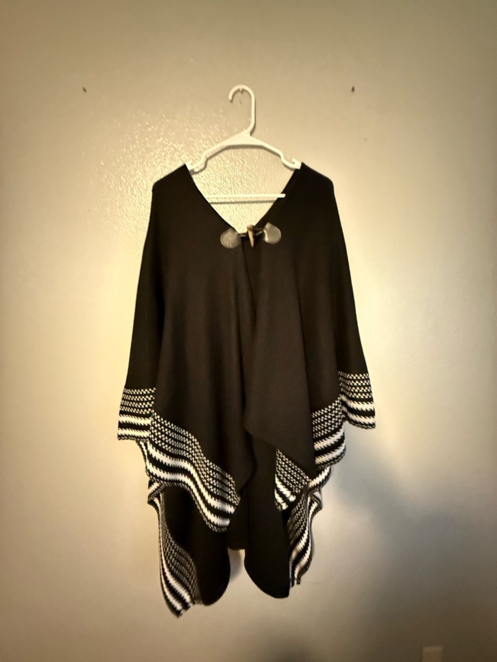 Basha Black & White Fringe Trim Knit Poncho